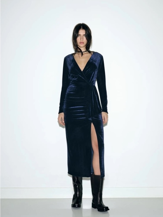 Zara Navy Velvet Wrap Midi Dress Ruched Slit Elegant Evening Size S - Picture 6 of 16